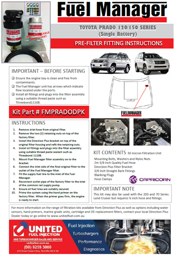 TOYOTA PRADO 120 FUEL MANAGER WATER SEPARATOR KIT. 30 MICRON PRE-FILTER